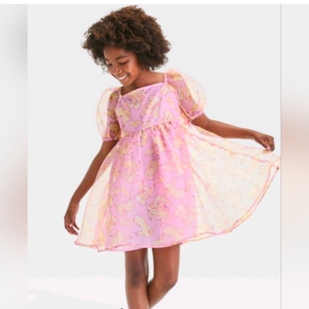 Pokemon Pikachu Pink Girls Puffed Shoulder Tulle Organza Dress